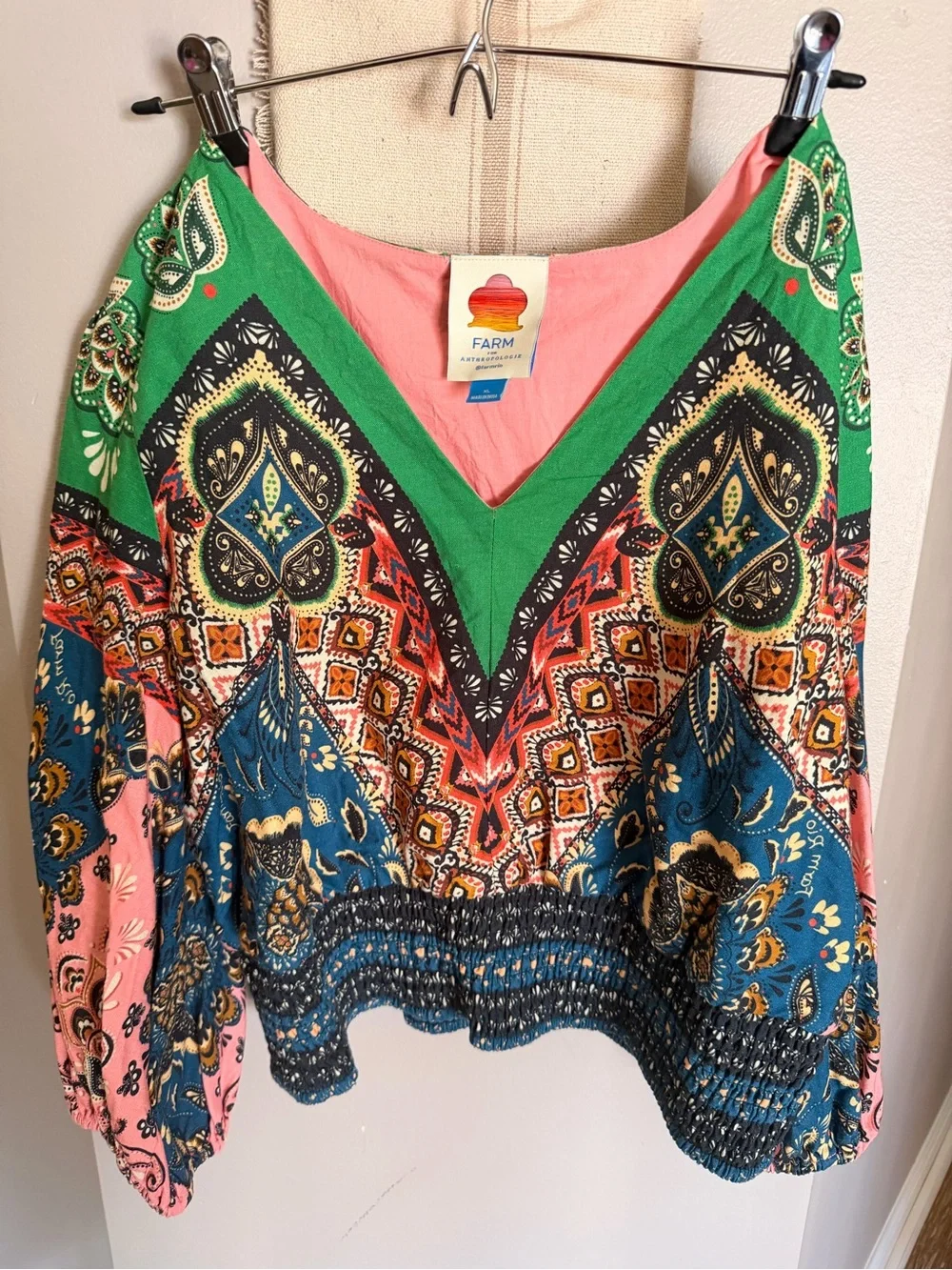 FARM Rio Multicolor V-Neck Printed Peasant Blouse - Green, Pink, Blue